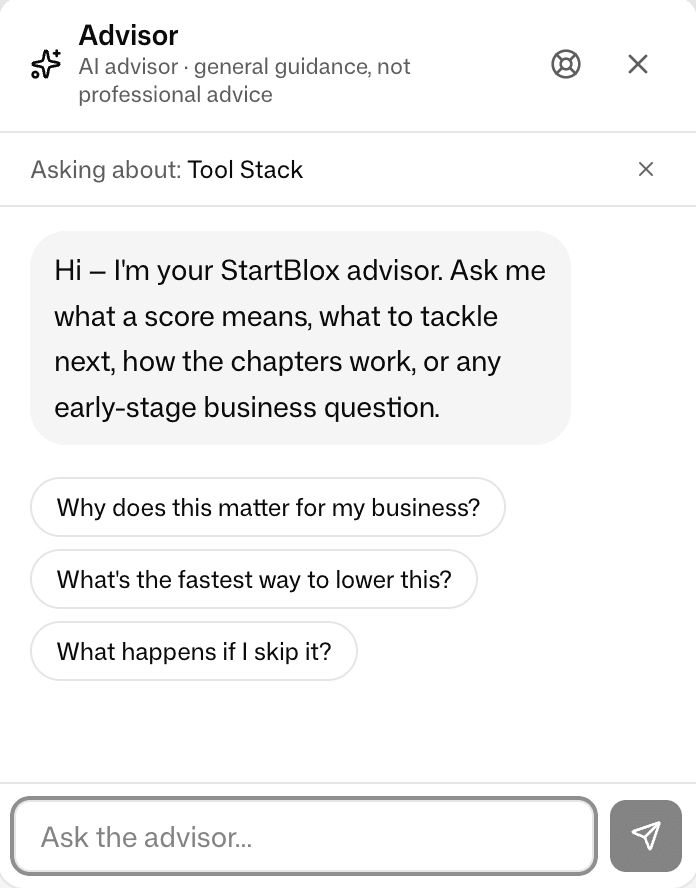 The StartBlox AI advisor panel, asking about a Tool Stack focus: a welcome message and starter questions like 'Why does this matter for my business?' above an 'Ask the advisor' input.